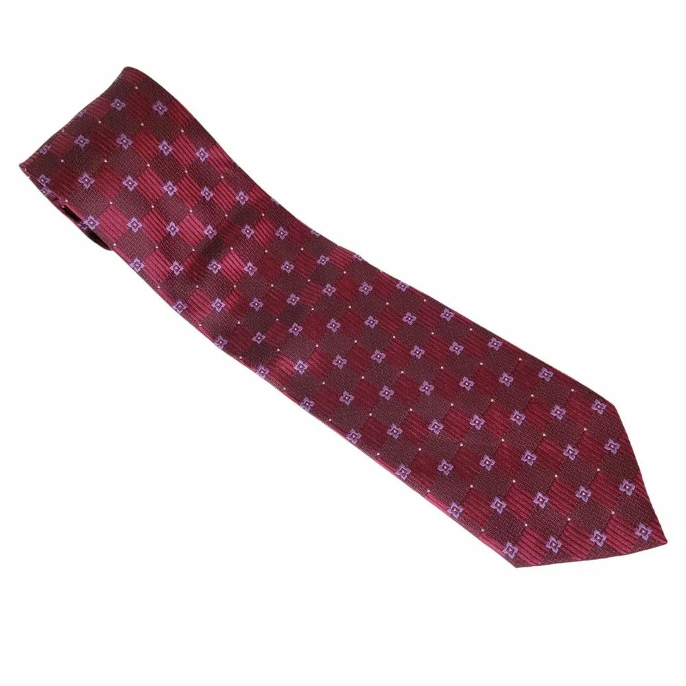 BELISI Gingham Floral Burgundy Silk Power Tie Handmade‎ Wide Patterned Jacquard